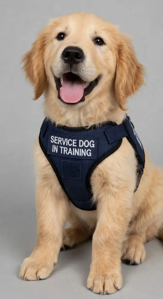 Louie Love, a young Golden Retriever wearing his navy service dog in training harness